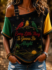 Women's Retro Reggae Patchwork Casual Off-the-Shoulder T-Shirt