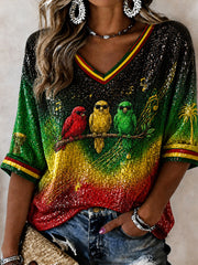 Women's Retro Reggae Art Gradient Casual V-Neck T-Shirt