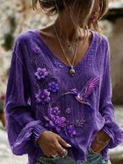 Women's Purple Flora Art Print Cotton-Linen Shirt