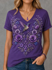 Women's Purple Floral & Hummingbird Print Alzheimer's Awareness Support V-Neck Tee