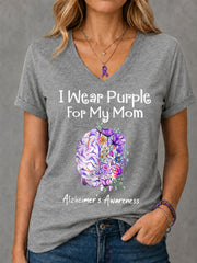 Women's I Wear Purple For My Mom Floral Print Alzheimer's Awareness Support V-Neck Tee