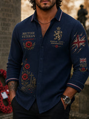 Men's Long-Sleeve Waffle-Knit Shirt With Vintage Veteran-Themed Print