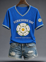 Women's England Yorkshire Day White Roses Art Printed T-shirt