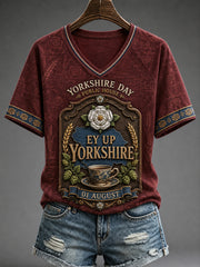 Women's Yorkshire England V-Neck Off-Shoulder Short-Sleeved T-Shirt