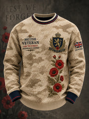 Men's Long-Sleeve Waffle-Texture T-Shirt With Vintage Camouflage And Military-Inspired Graphic Print