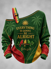Women's Reggae Printed One Shoulder Waffle Casual Sweatshirt