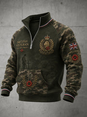 Men's Vintage Veteran-Themed Print Zip-Up Long-Sleeve Sweatshirt