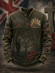 Men's Long-Sleeve Top With Vintage Camouflage And Veteran Commemorative Print