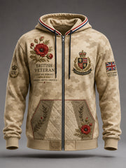Men's Vintage Camouflage Zip-Up Hoodie With Veteran Commemorative Print