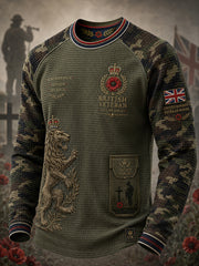 Men's Vintage Camouflage & Veteran Commemorative Print Raglan-Sleeve Waffle-Knit Long-Sleeve Top