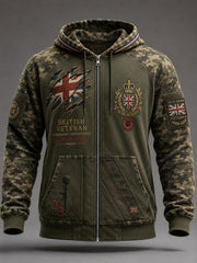 Men's Vintage Camouflage Zip-Up Hoodie With Veteran Commemorative Print