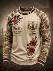 Men's Vintage Camouflage & Veteran Commemorative Print Raglan-Sleeve Waffle-Knit Long-Sleeve Top