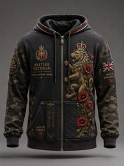 Men's Vintage Camouflage Zip-Up Hoodie With Veteran Commemorative Print