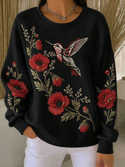 Women's Poppy Hummingbird & Lest We Forget Ribbed Round-Neck Sweatshirt