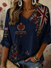 Women's Remembrance Day Print V-Neck Long-Sleeve Top