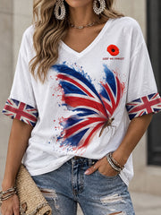 Women's Lest We Forget Butterfly Print Mid-length Sleeves V-Neck T-Shirt