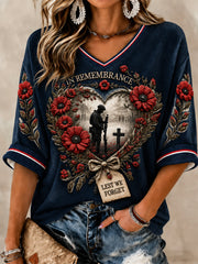 Women's Lest We Forget Printed Mid-length Sleeves V-neck T-shirt