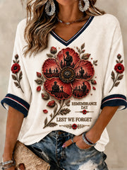 Women's Lest We Forget Printed Mid-length Sleeves V-neck T-shirt