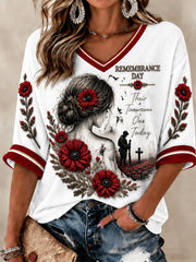 Women's Lest We Forget Printed Mid-length Sleeves V-neck T-shirt
