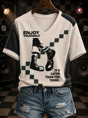 Women's Ska Revival Style Printed V-neck T-shirt