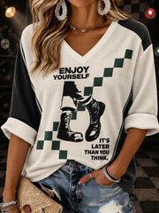 Women's Ska Revival Style Printed Mid-length Sleeves V-neck T-shirt