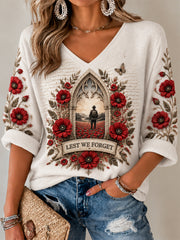 Women's Remembrance Day Print V-Neck Top