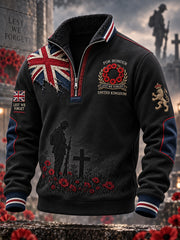 Men's Long-Sleeve Zip-Up Stand-Collar Top With Remembrance Day Themed Print