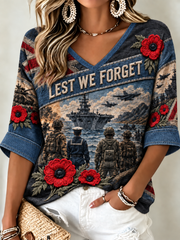 Women's Remembrance Day Lest We Forget Mid-length Sleeves V-Neck T-Shirt