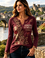 Women's Vintage British Welsh Print V-Neck T-Shirt