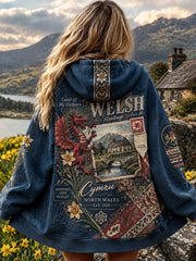 Women's Vintage British Welsh Print Zip-Up Hoodie