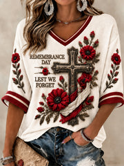 Women's Lest We Forget Printed Mid-length Sleeves V-neck T-shirt