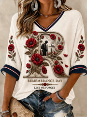 Women's Lest We Forget Printed Mid-length Sleeves V-neck T-shirt