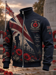 Men's High-Neck Zip-Up Jacket With Remembrance Day Veteran-Themed Print