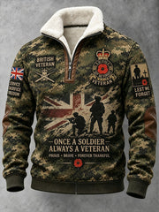 Men's Lest We Forget Print Plush Stand Collar Shirt