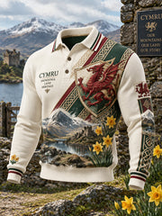 Men's Vintage Britsh Wales Printed Long-sleeved Polo Shirt