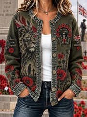 Women's Long-Sleeve Waffle-Knit Jacket With Remembrance Day Themed Print