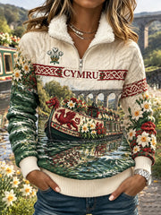 Women's  Vintage British Wales Printed Fur-collar Sweatshirt