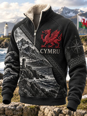 Men's Vintage British Wales Printed Plush Stand Collar Hoodie