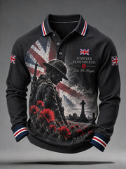 Men's Veteran Memorial Graphic Print Raglan Long-Sleeve Polo Shirt
