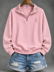 Women's Pink Checkered and Pink Charity Ribbon Pattern Casual Half-Zip Sweatshirt