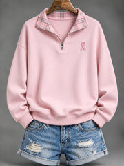 Women's Pink Checkered and Pink Charity Ribbon Pattern Casual Half-Zip Sweatshirt