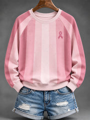 Women's Pink Charity Ribbon Pattern, Striped Color-Blocked Design Casual  Raglan Sleeve Sweatshirt