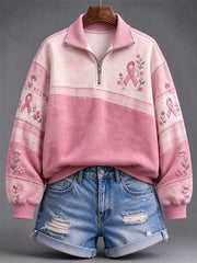 Women's Vintage Floral Pink Ribbon Print Zip Up Sweatshirt