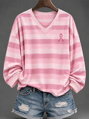 Women's Pink Charity Ribbon Pattern Striped Color-Blocked Design Casual  Long-sleeved T-shirt