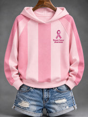 Women's Pink Charity Ribbon Pattern, Striped Color-Blocked Design Casual Hoodie