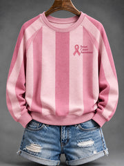 Women's Pink Charity Ribbon Pattern, Striped Color-Blocked Design Casual Raglan Sleeve Sweatshirt