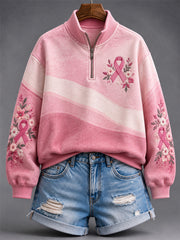 Women's Vintage Floral Pink Ribbon Print Zip Up Sweatshirt