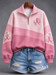 Women's Vintage Floral Pink Ribbon Print Zip Up Sweatshirt