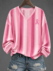Women's Pink Charity Ribbon Pattern Striped Color-Blocked Design Casual Long-sleeved T-shirt