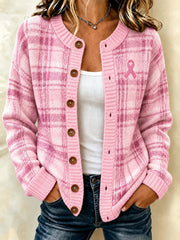 Women's Pink Charity Ribbon Pattern Checkered Design Casual Cardigan